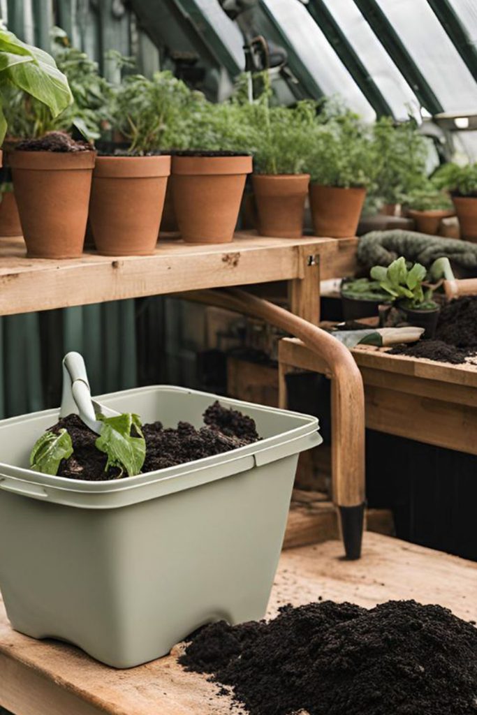 tub of compost on wooden bench in greenhouse.